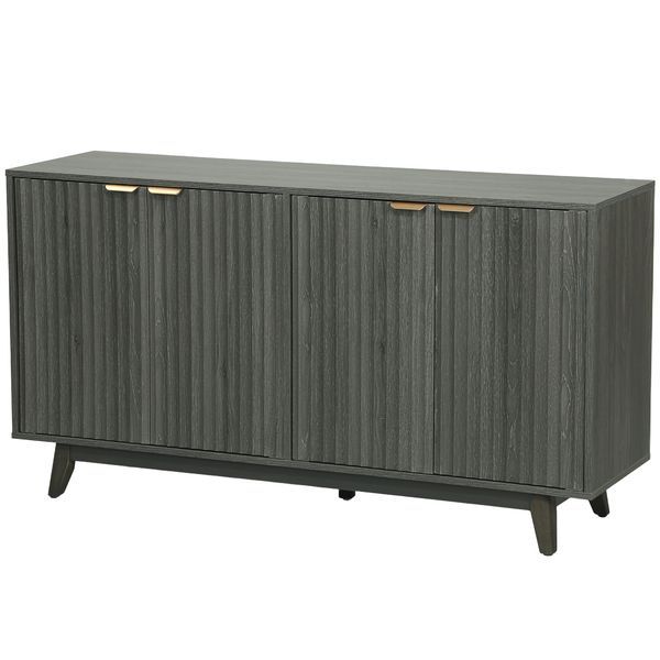 HOMCOM Fluted Sideboard Buffet Cabinet, 55' Coffee Bar Cabinet With 4 Doors, 2 Adjustable Shelves, 5 Wood Legs, Distressed Gray_voghion.com
