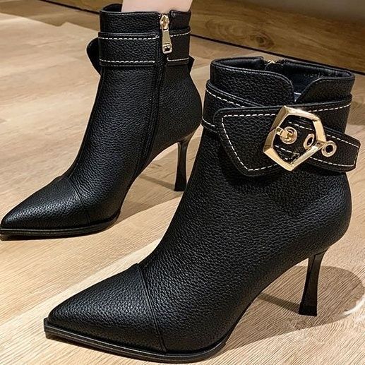 2025 Herbst Winter Neue Fleece-Gefüttert Spitz Stiletto Schnalle High Heel Kurze Für Breite Füße Vielseitig Trendy Abnehmen_voghion.com