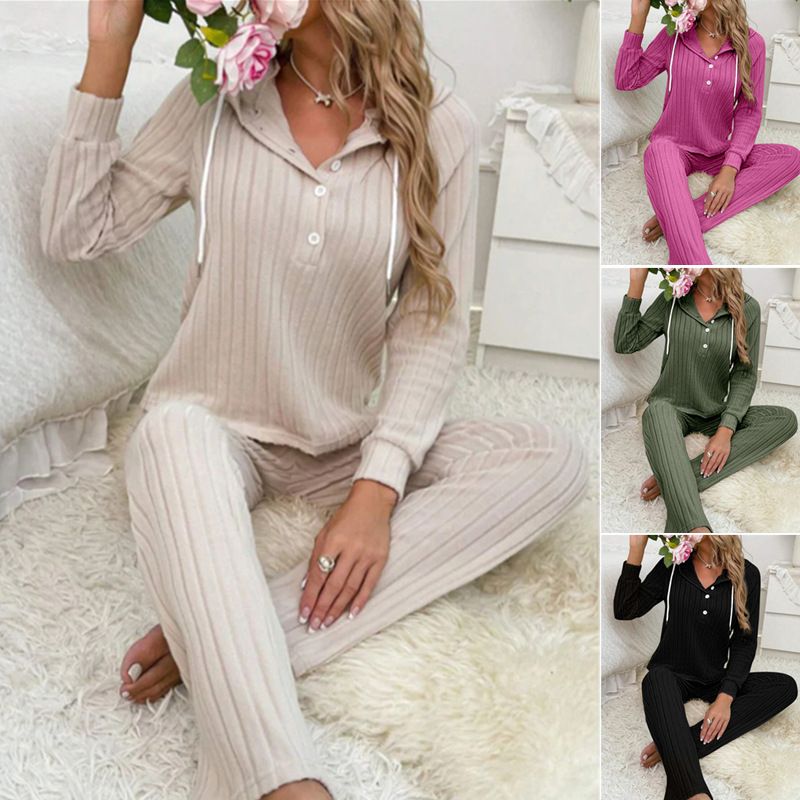 Women's Casual Ribbed Fleece Hooded Button-Up T-Shirt & Pants Lounge Set - Soft Comfortable Home Wear Outfit_voghion.com