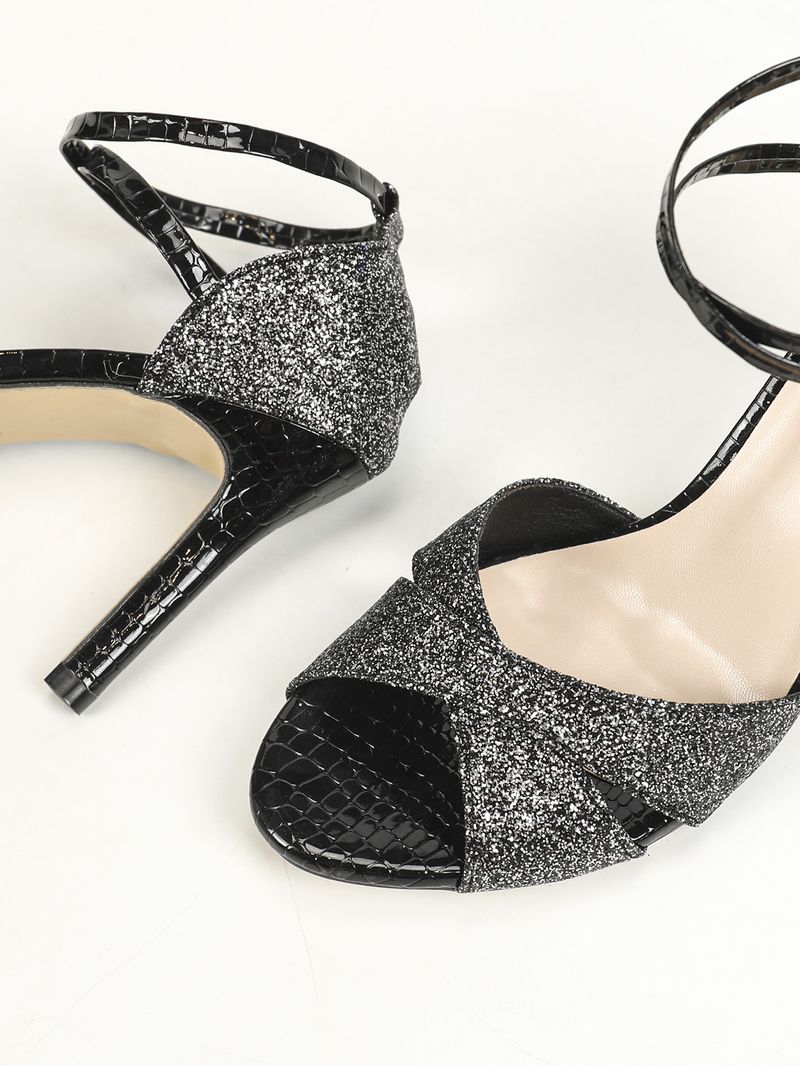 Dam Nya Glitter Korsade Ankelrem Rund Tå Stilettosandaler Moderiktiga Festklackar_voghion.com