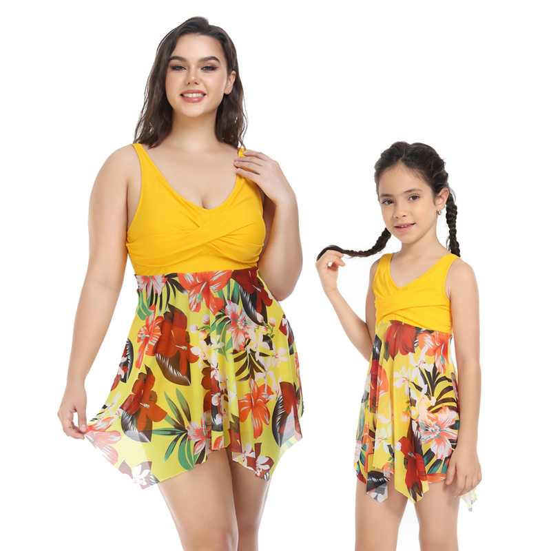 Mother & Kids European and American new plus size swimsuits plus parent-child swimwear mesh skirt two-piece set wholesale in stock_voghion.com