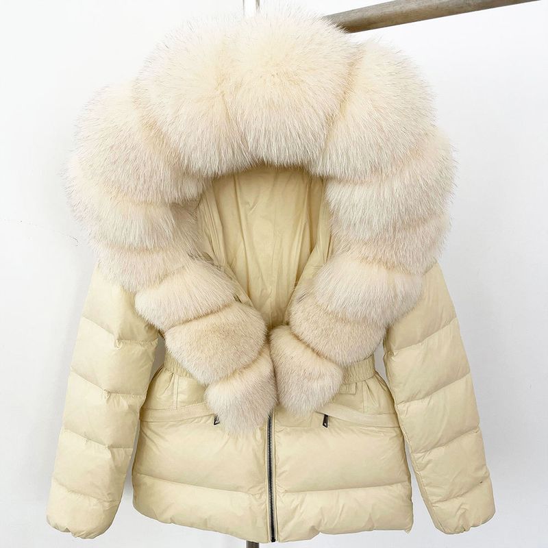 Nuovo stile caldo del commercio estero, giacca corta da donna con collo in vera pelliccia di volpe, giacca in piumino con vita sottile e spessa_voghion.com