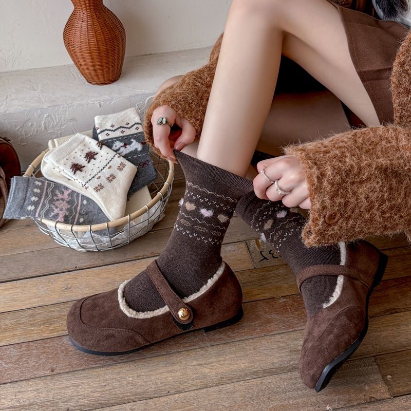 Lillian Herbst Winter New Fair Ile Dreidimensionaler Jacquard Koreanischer Stil Warm Mid-Calf Damen Retro Verdickt Weihnachten_voghion.com