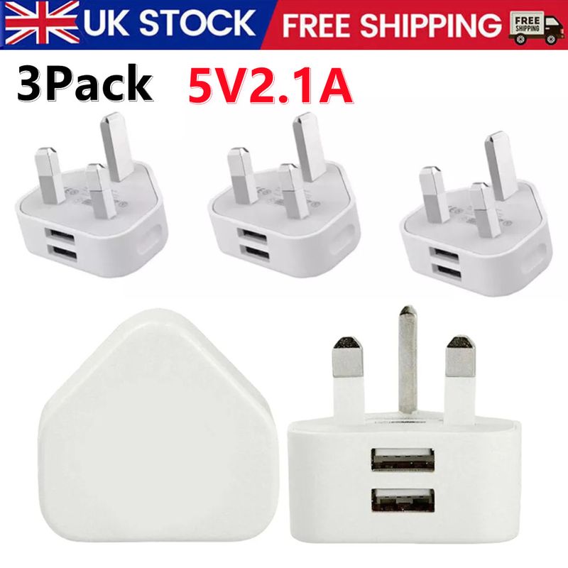 3er-Pack 2-Port-UK-USB-Wandladegerät 3-poliger Stecker Netzadapter für Telefone Tablets_voghion.com