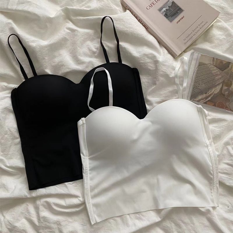 Strapless Women's Camisole Integrated Vest Bra Outer Wear Gathered Beauty Back Seamless Ice Silk Top Fixed Chest Pad_voghion.com