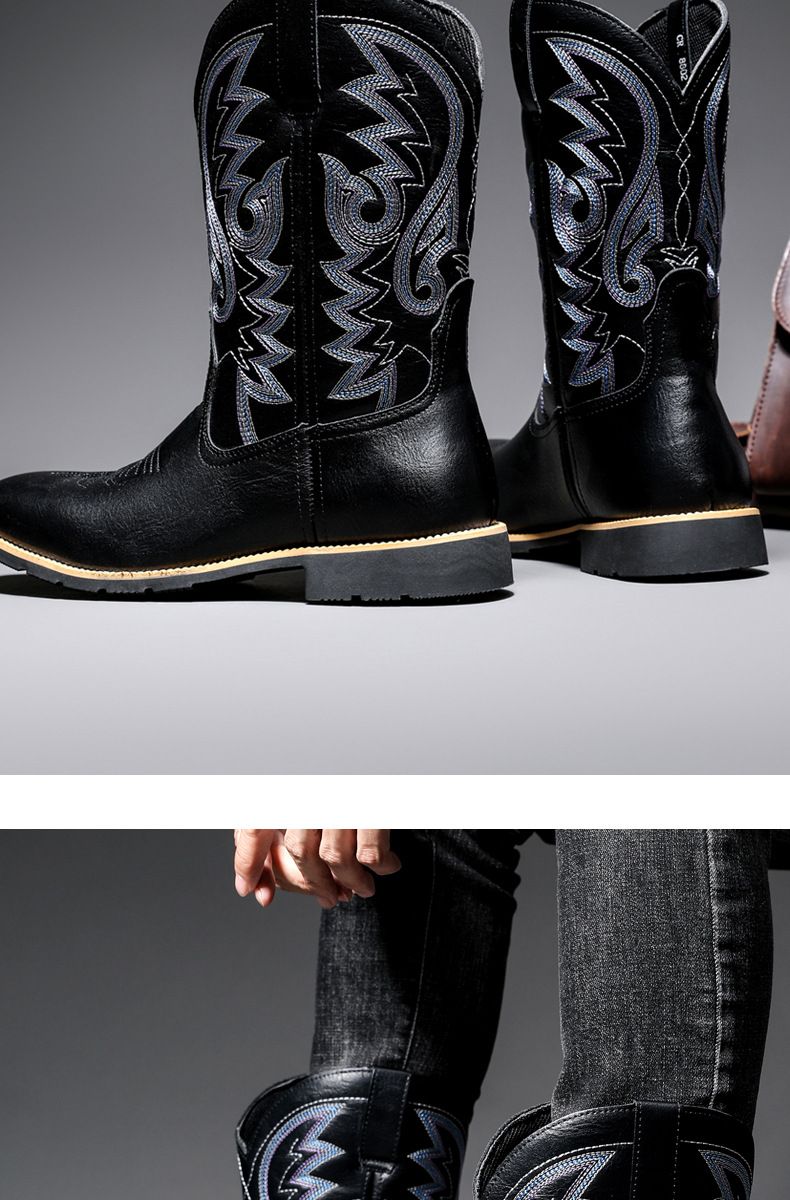 Amekaji Herren-Reitstiefel mit hoher Röhre, bestickt, Western-Cowboy, trendig, für Motorradfahrer, quadratische Zehenpartie_voghion.com