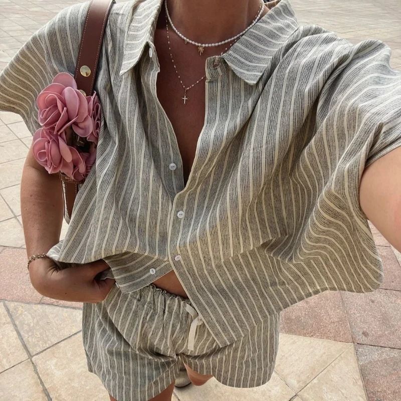 Ensemble 2 pièces à rayures et revers pour femme, haut taille haute plissé à manches longues et simple boutonnage, tenue d'été décontractée_voghion.com