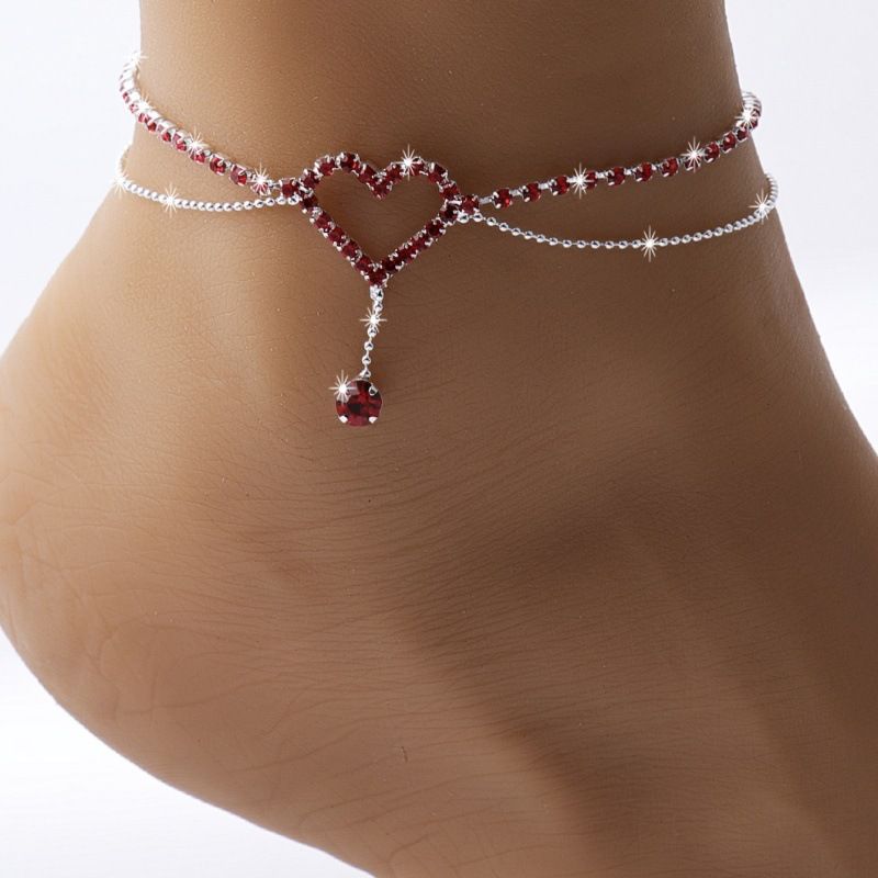 Modeschmuck, mehrlagiges Strand-Fußkettchen mit Strasssteinen und Herz-Design für Damen, Urlaubs- und Party-Accessoires_voghion.com