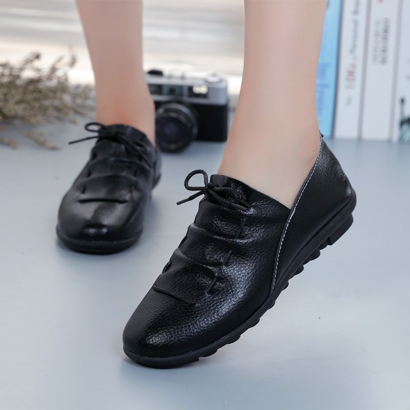 2025 Echtes Leder Atmungsaktiv Vielseitig Schnüren Casual frauen Flache Loafers Moccas_voghion.com