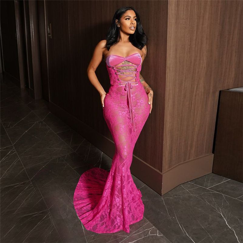 Abito aderente invernale sexy in pizzo senza spalline - Abito lungo senza maniche con fasciatura, rete trasparente e vita alta (rosso, S/M/L)_voghion.com