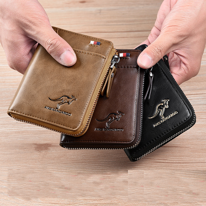 Kangaroo Wallet Men's RFID Blocking PU Leather Wallet with Zipper Multi Business Credit Card Holder Purse High Quality_voghion.com
