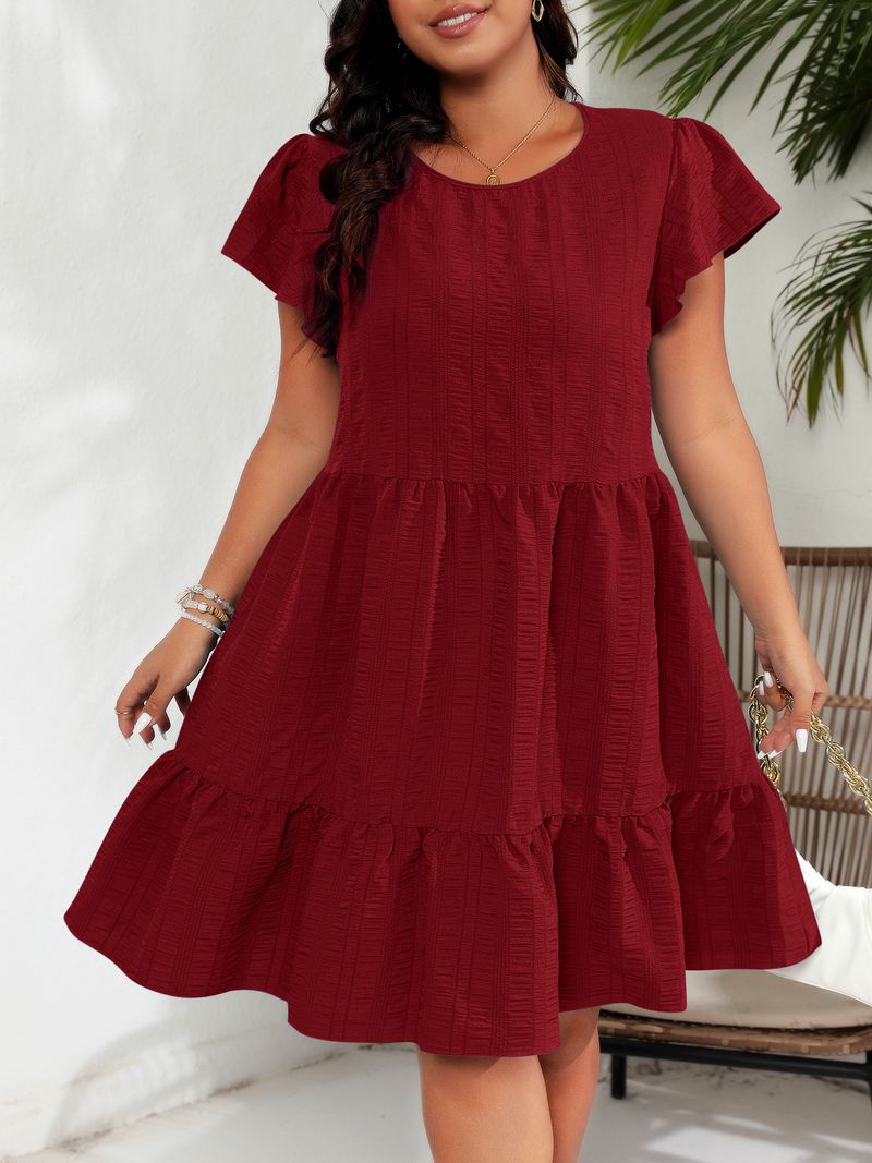 Women's Clothing Large Size Round Neck Lotus Leaf Sleeve Waist Holiday Leisure Temperament Dress_voghion.com