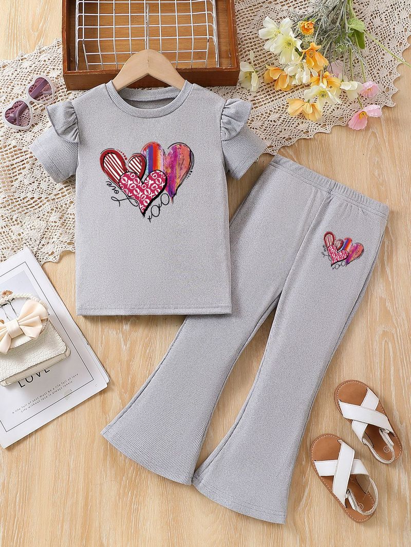 Mutter & Kinder Mädchen mode liebe gedruckt kurzarm hosen zwei-stück sommer rundhals spitze ärmel top anzug_voghion.com