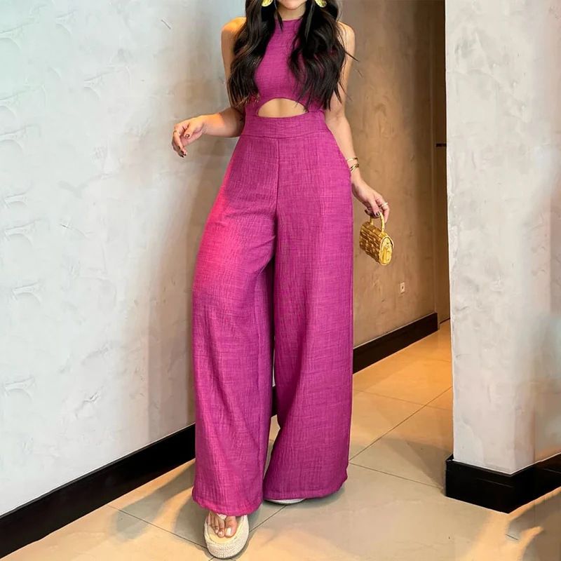 Women's Clothing summer new women's clothing solid color round neck sleeveless fashion hollow wide leg jumpsuit_voghion.com