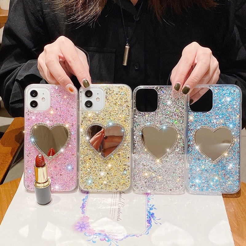 Phone Case for Samsung Galaxy A54 A34 5G SamsungA34 Shiny Diamond Silver Peach Heart Makeup Mirror Silicagel Soft Cover_voghion.com