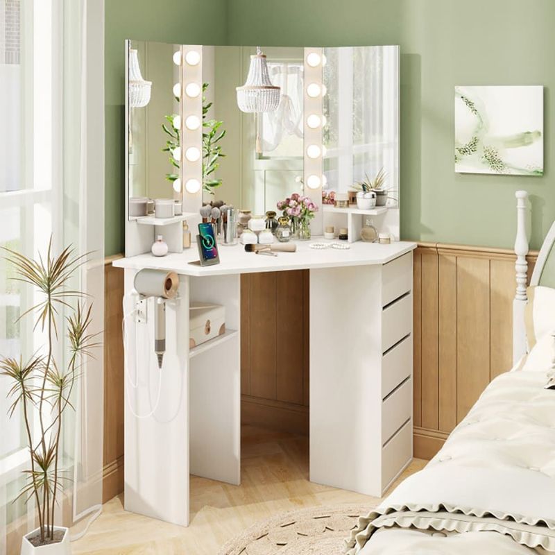 Corner Vanity Desk With 3-Color LED Lighted Mirror And Power Outlet_voghion.com