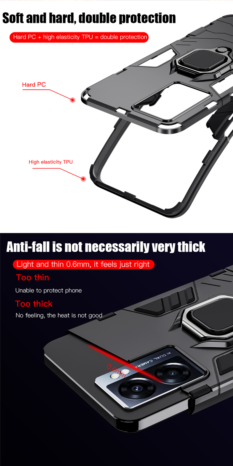Custodia antiurto KEYSION per OPPO A77 5G A57 4G Custodia posteriore in silicone + PC con supporto ad anello in metallo per Realme V23 5G Q5i_voghion.com
