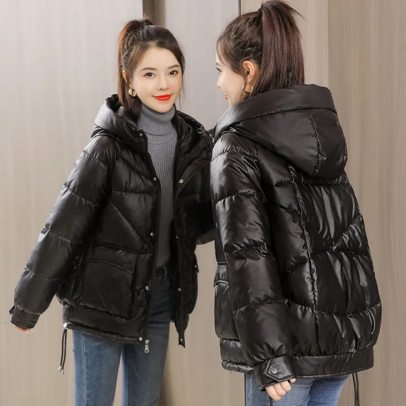 2023 nowych kobiet kurtka zimowa błyszcząca kurtka typu Parka luźny płaszcz podstawowy z kapturem bawełniane wyściełane kobiece parki kurtki studenckie_voghion.com