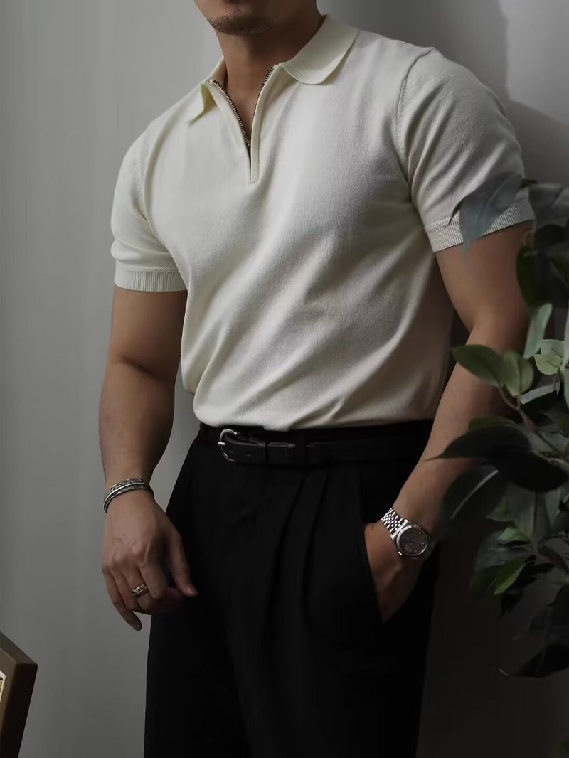 Herrenbekleidung Fabrik Direktverkauf Eisseide Strickoberteile für Männer High-End Sommer Leichte Luxus Herrenmode Kurzarm Poloshirt Halbreißverschluss_voghion.com