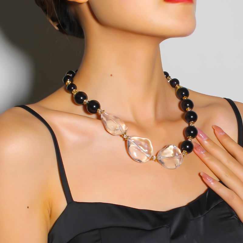 Sieraden overdreven transparante kristal kralen ketting zwarte parel sleutelbeen ketting NK23780_voghion.com