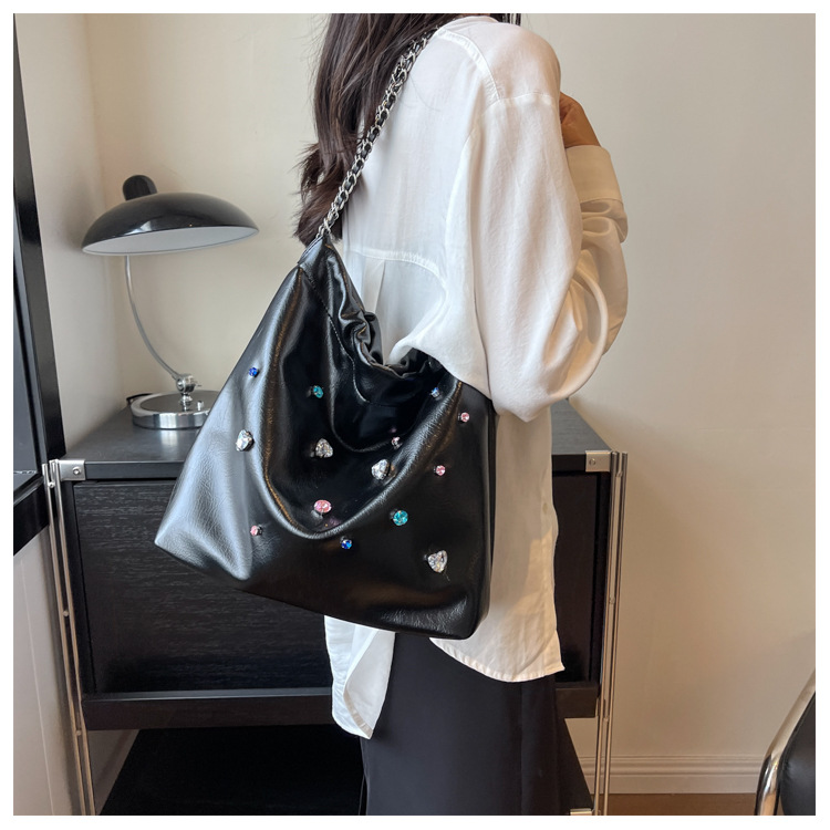 Chain Garbage Bag Bag Women's New Trendy Fashion Ladies Bag Shoulder Bag Color Diamond Tote Bag Large Capacity Bucket Bag_voghion.com