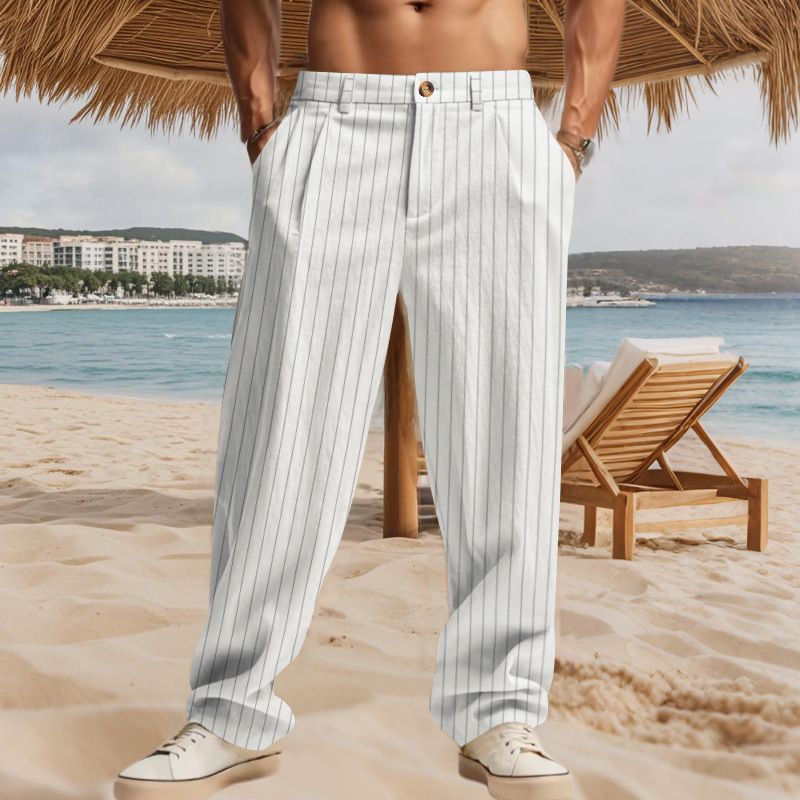 American Style Autumn Simple Striped Straight High Waist Loose Versatile Floor-Length Casual Suit Pants For Men_voghion.com