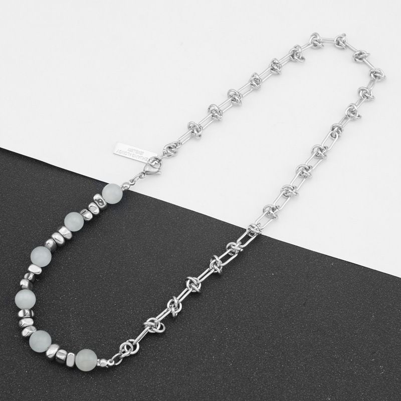 Collana con catena da uomo alla moda in acciaio al titanio, stile hip hop, con perline in pietra occhio di gatto e spine._voghion.com