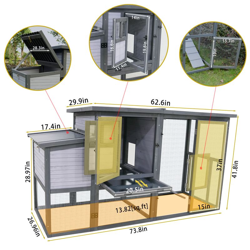 79"Large Chicken Coop With Upgraded Perches, Wooden Outdoor Chicken Cage With Large Nesting Box, Weatherproof Open Asphalt Roof &Removable Bottom, Duck House, Rabbit Hutch_voghion.com