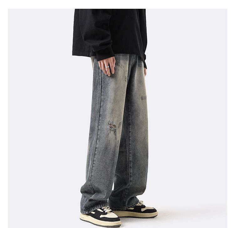 Amerikaanse Vintage Straight Loose Washed Denim Jeans Voor Heren, Herfst En Winter Ins Trendy High Street Broeken, Casual Wijde_voghion.com