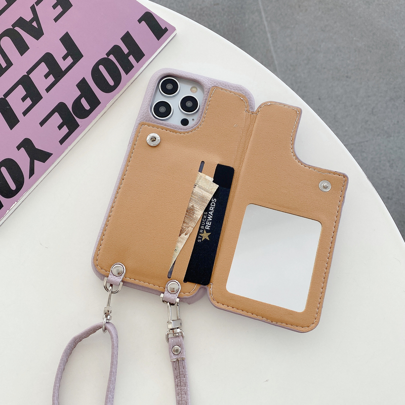 Custodia per cellulare Adatto per custodia per cellulare iPhone14Pro Custodia per cellulare diagonale con specchio di bellezza con inserto per carta litchi iPhone13_voghion.com