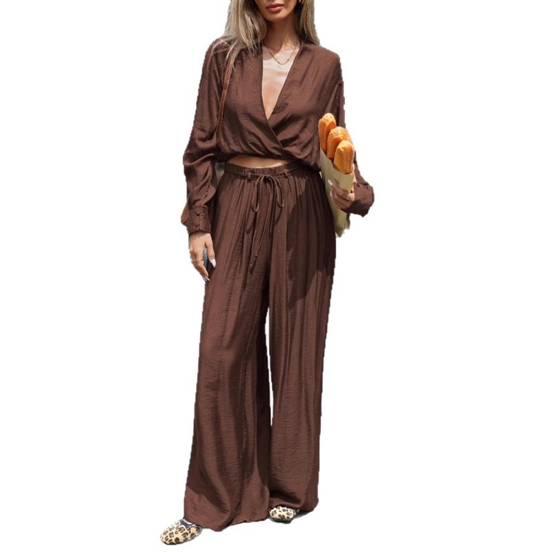 Completo due pezzi da donna 2025 composto da top a maniche lunghe con scollo a V profondo e pantaloni a gamba dritta_voghion.com