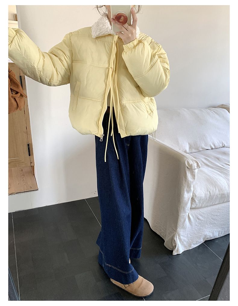 Cropped Sherpa-Lined Puffer Jacket – Korean Streetwear Belted Coat (4 Soft-Toned Colors, Lightweight Quilted Polyester)_voghion.com