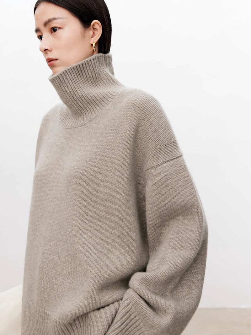Pull col montant tricoté pour femme, manches longues, ample, décontracté, couleur unie, en laine, collection automne-hiver_voghion.com