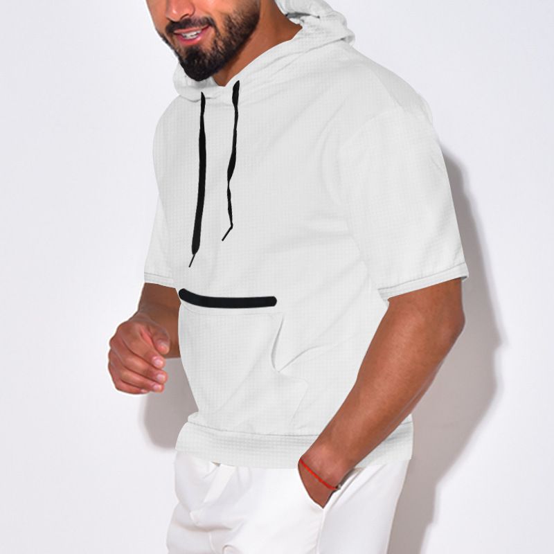 Maglietta estiva casual da uomo, con cappuccio e maniche corte, tinta unita_voghion.com