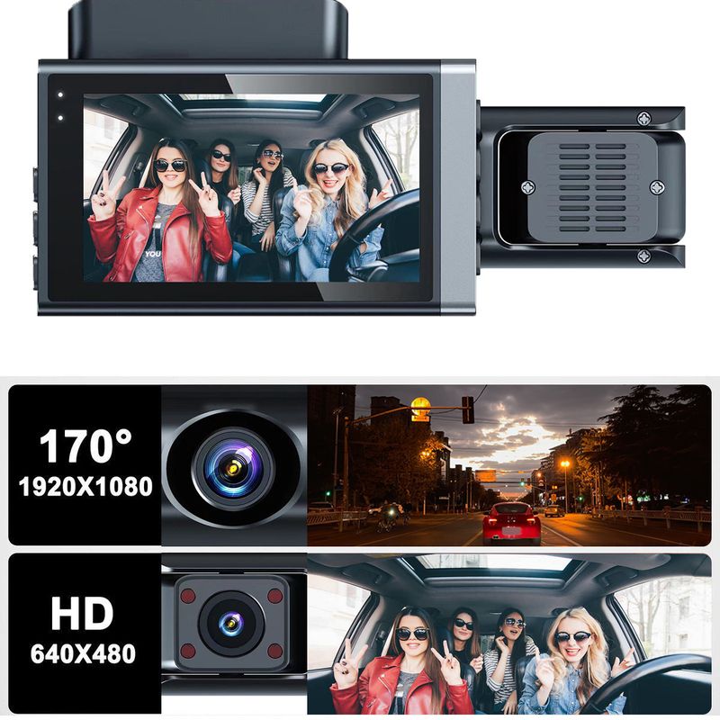 Enregistreur de conduite HD 1080P avec WiFi avec affichage trois enregistrements trois objectifs image de recul avant de voiture arrière_voghion.com