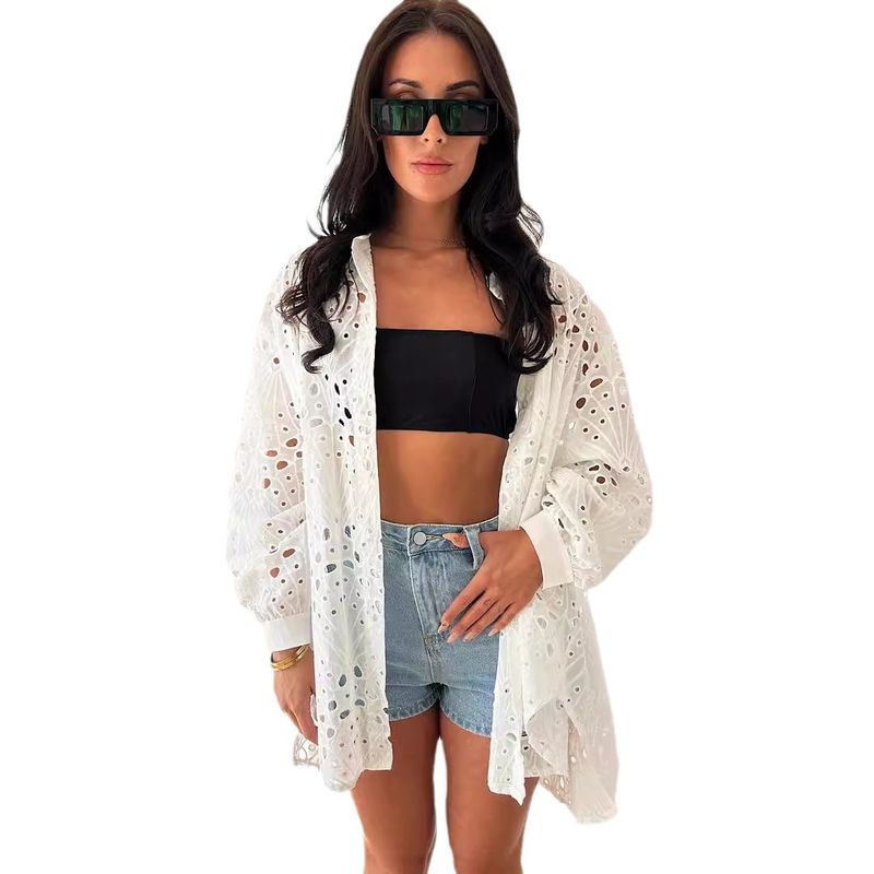 Camisa de manga larga con encaje calado para mujer: blusa bohemia informal de verano (blanca, tallas S-XL)_voghion.com