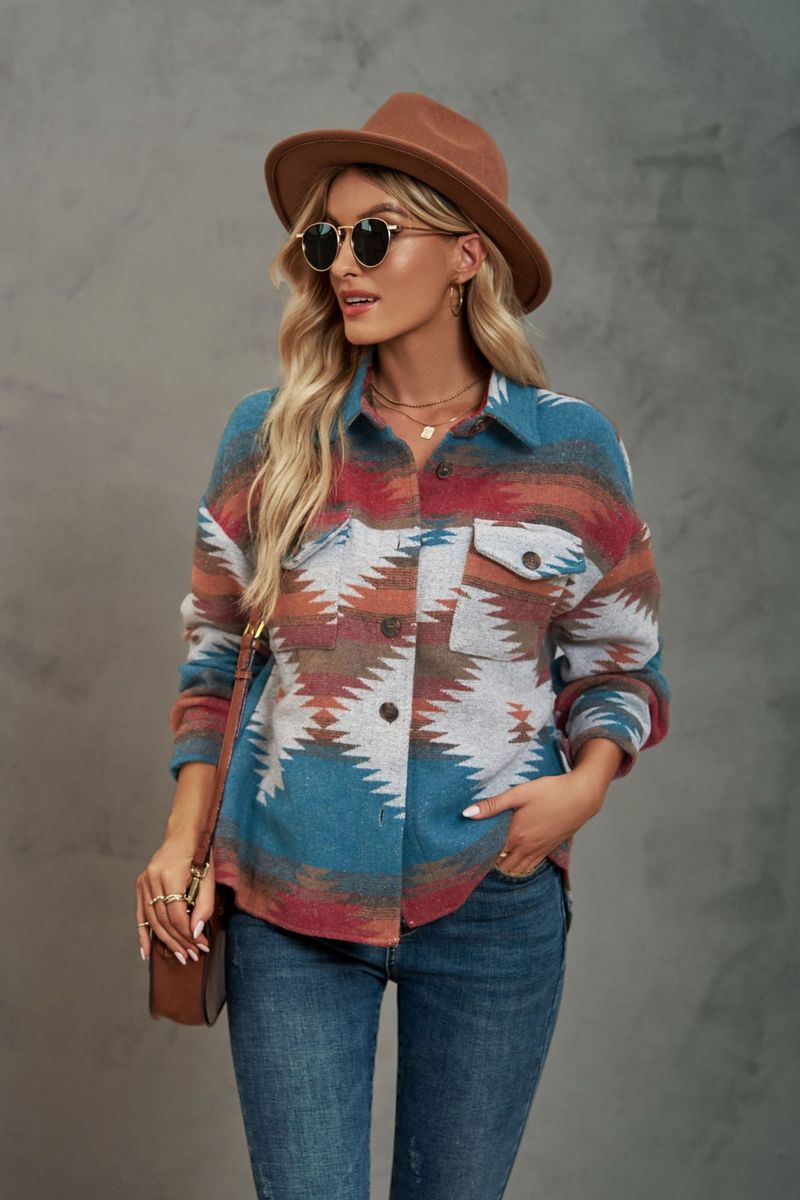 Abrigo de lana con botón de bolsillo de solapa suelto corto con patrón geométrico para mujer_voghion.com