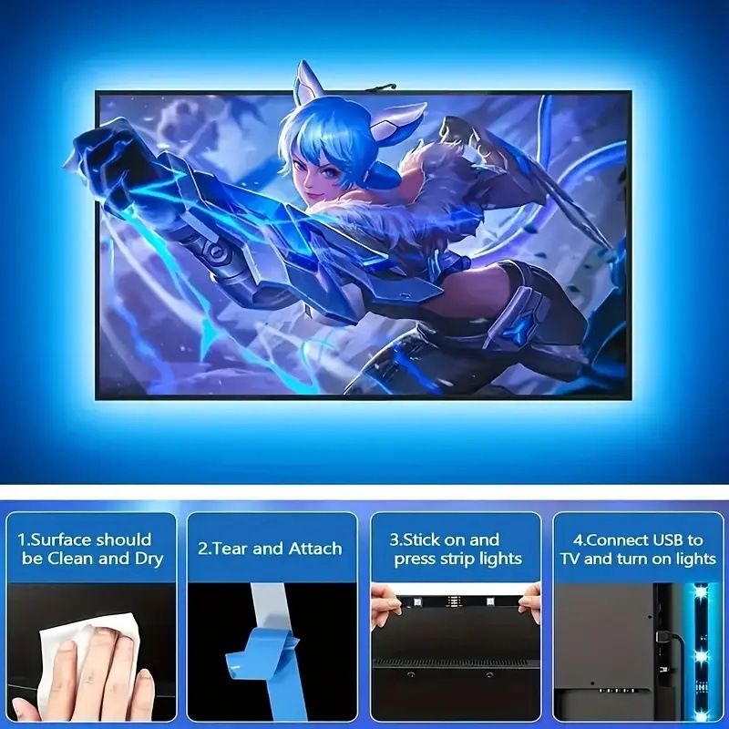 Tiras de luces LED RGB inteligentes con Bluetooth y sincronización con TV, modo música, iluminación ambiental para retroiluminación de TV, monitor de PC y configuración de juegos._voghion.com