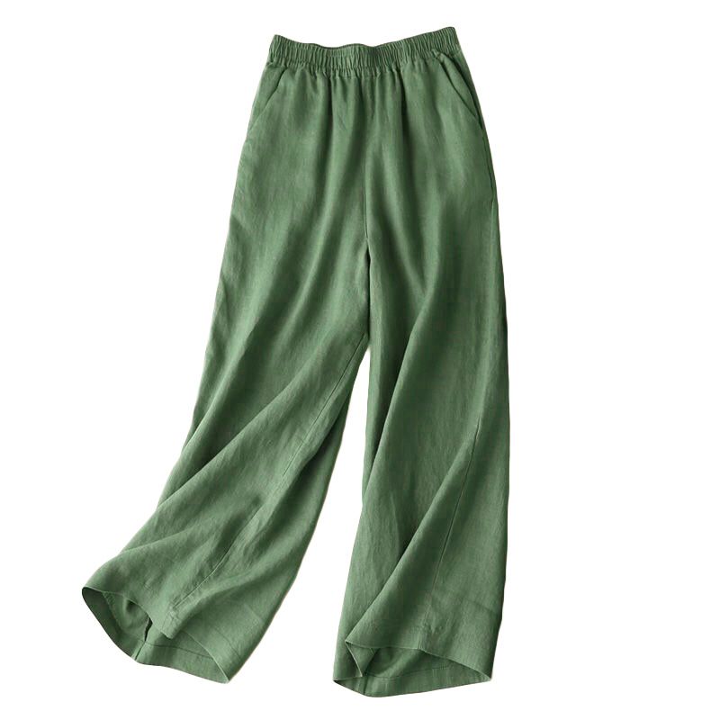 Pantalones de tubo de pierna ancha informales para mujer, de algodón y lino, rectos, con bolsillos, holgados, transpirables, con cintura elástica, para primavera y verano_voghion.com