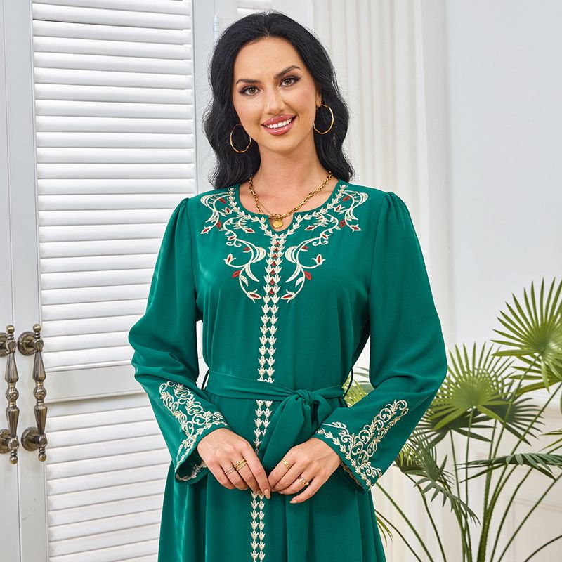 Vestido largo de verano con bordado de color liso y estilo étnico para mujer musulmana_voghion.com