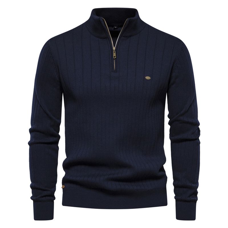 Stand-up Kraang Kotteng Casual Hallefverschluss Einfarweg Pullover héichwäerteg Männer gestrickt Pullover_voghion.com