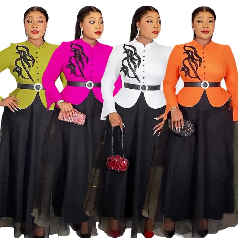 Zweiteiliges Kleid mit Strassverzierung – Langärmliges, figurbetontes Damenkleid mit hohem Kragen (L-3XL, einfarbig)_voghion.com