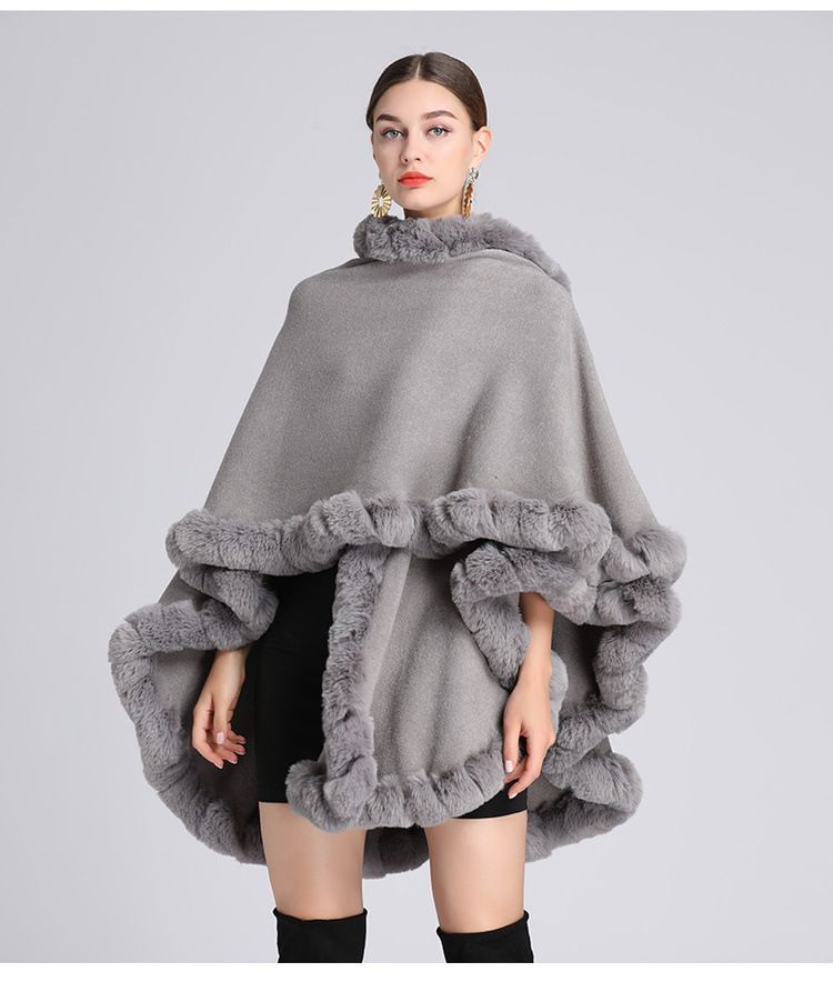 Fur Collar Cape Ladies Large Size Knitted Cardigan Loose Coat Artificial Fur Fashionable And Warm Shawl Cape_voghion.com