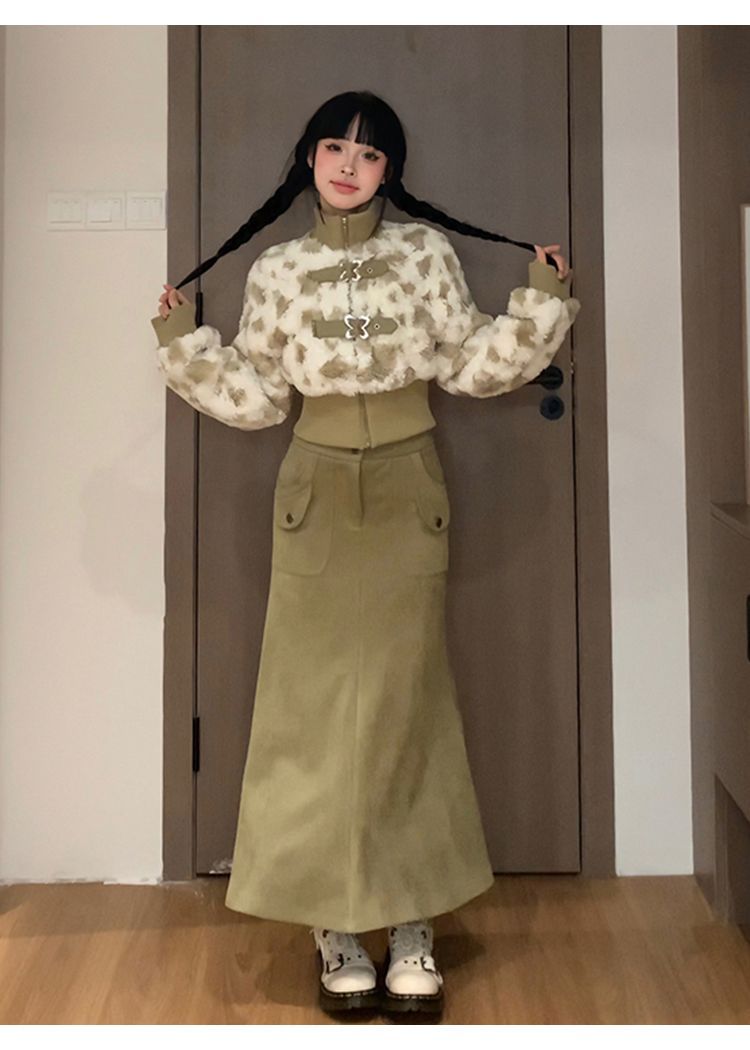 Mustard Sweetheart Autumn Winter High Waist Plush Leather Button Coat Sleeve Top Half Long Skirt Two-Piece Set_voghion.com