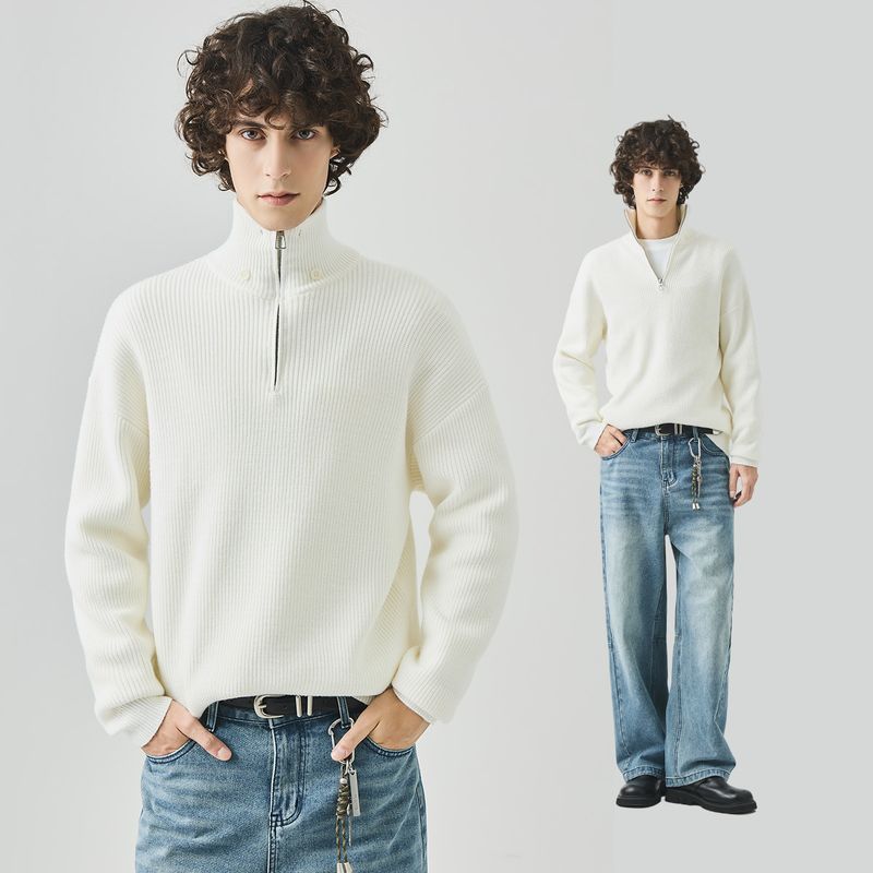 APO Kleidung | Herren Rollkragenpullover im Old Money Style Koreanische Version Lockerer Halbreißverschluss Langarm Strickoberteil Herbst_voghion.com