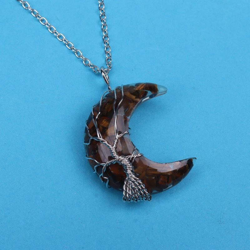 Collana in resina con albero della vita - Ciondolo a forma di luna con ghiaia di cristallo colorato per protezione spirituale e buona fortuna_voghion.com