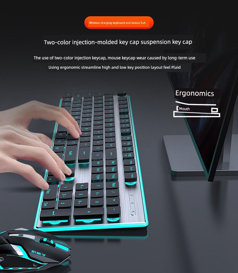 Skaista, gaiša, klusināta meitene, bezvadu tastatūra biroja rozā zila Bluetooth taustiņu peles austiņu komplekts_voghion.com