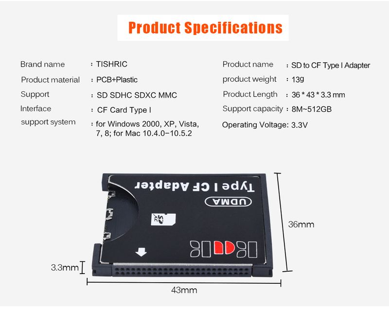 SDHC SDXC Standard Compact Flash Type I Converter SD To CF Adapter Card Reader Adaptor Up UDMA 128GB_voghion.com