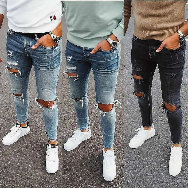 Trend stretchjeans voor heren Skinny denimbroek met gescheurde knieën_voghion.com