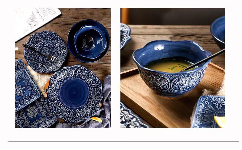 Set di piatti e ciotole di alta qualità in stile barocco, piatti in stile etnico, per uso domestico, stoviglie di lusso in ceramica europea leggera e in rilievo._voghion.com